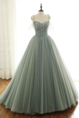 Party Dress Websites, LIGHT GREEN TULLE LONG PROM DRESS, GREEN EVENING DRESS