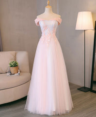 Prom Dress 2028, Light Pink Lace Off Shoulder Long Prom Dress, Pink Evening Dress