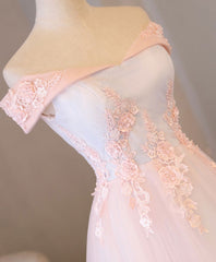 Prom Dress Different, Light Pink Lace Off Shoulder Long Prom Dress, Pink Evening Dress