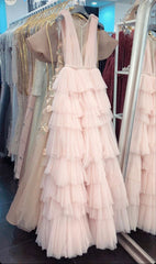 Evening Dresses For Over 44, Light Pink V-Neck Ruffles Prom Dress