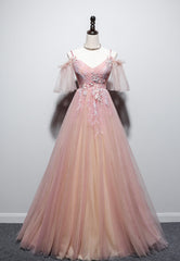 Bridesmaids Dresses Affordable, Pink V-Neck Lace Long Prom Dresses, A-Line Evening Dresses