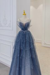 Prom Dress Blue Lace, Blue Tulle Layers Straps Beaded Long Prom Dresses, A-Line Evening Dresses