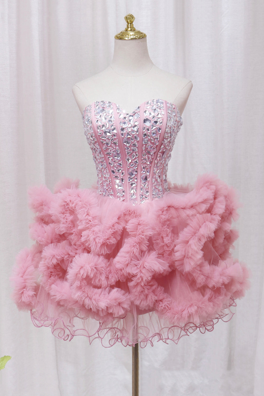 Bridesmaid Dresses Mismatched Neutral, Pink Sweetheart Neckline Tulle Short Prom Dress with Rhinestones, Cute Party Dress