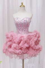 Bridesmaid Dresses Mismatched Neutral, Pink Sweetheart Neckline Tulle Short Prom Dress with Rhinestones, Cute Party Dress