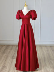 Homecomming Dresses Floral, Burgundy V-Neck Satin Long Prom Dress, Burgundy Formal Evening Dress