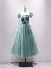 Party Dresses Lace, Green Velvet Tulle Tea Length Prom Dress, Cute A-Line Party Dress with Lace