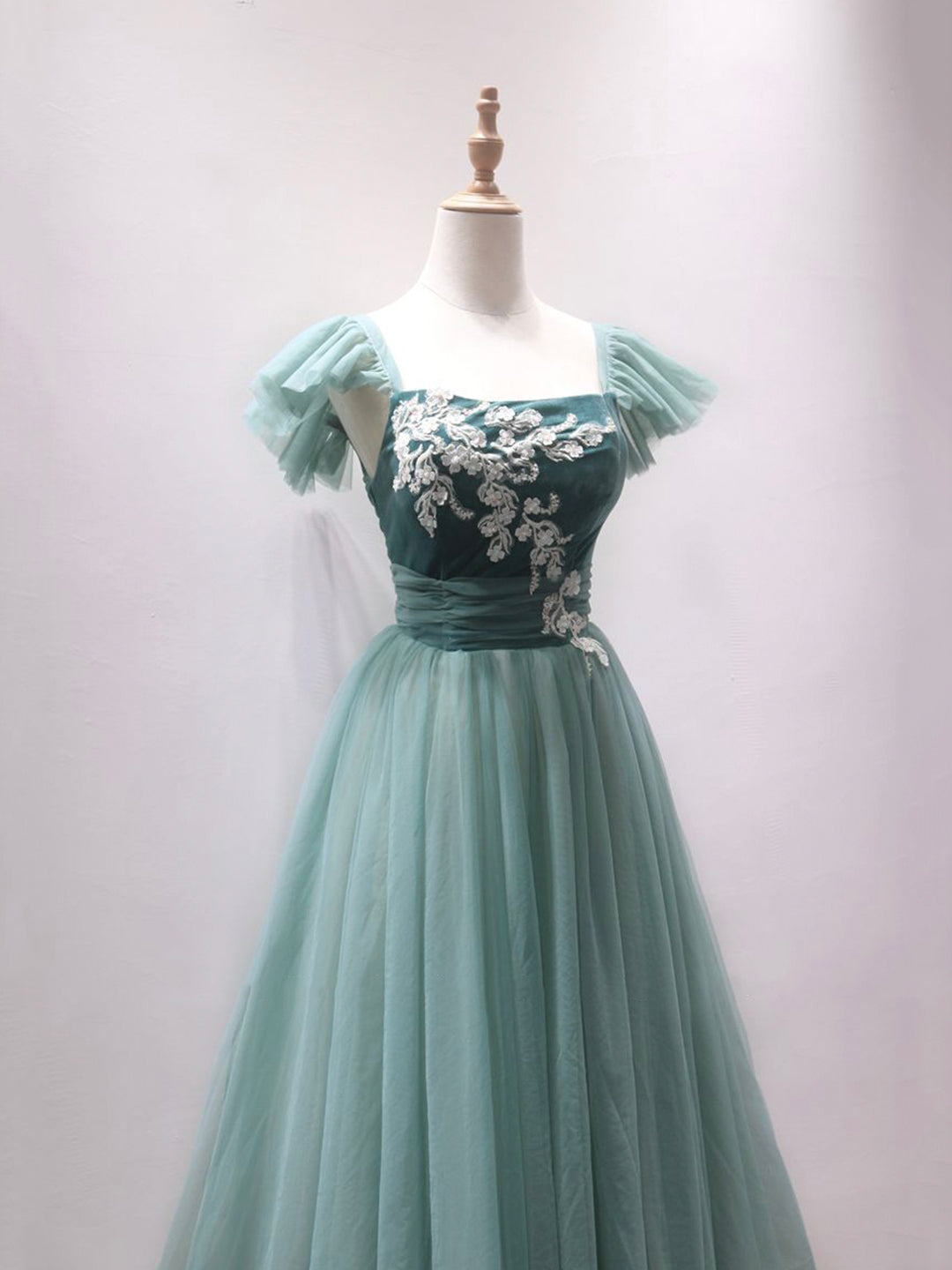 Party Dress Winter, Green Velvet Tulle Tea Length Prom Dress, Cute A-Line Party Dress with Lace