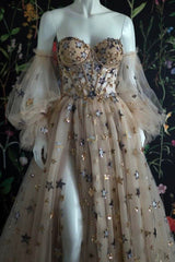 Evening Dress Designers, Champagne Tulle Long Prom Dress, Off the Shoulder Evening Dress with Stars