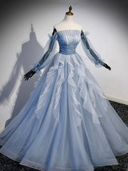 Pretty Dress, Blue Strapless Tulle Long Prom Dress, Chic A-Line Formal Dress with Long Sleeves