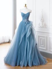 Prom Dresses Sage Green, Blue Tulle Lace Long Formal Dress, A-Line Blue Evening Prom Dress