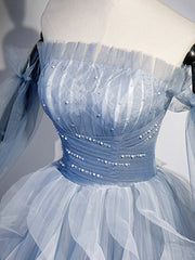 Prom Theme, Blue Strapless Tulle Long Prom Dress, Chic A-Line Formal Dress with Long Sleeves