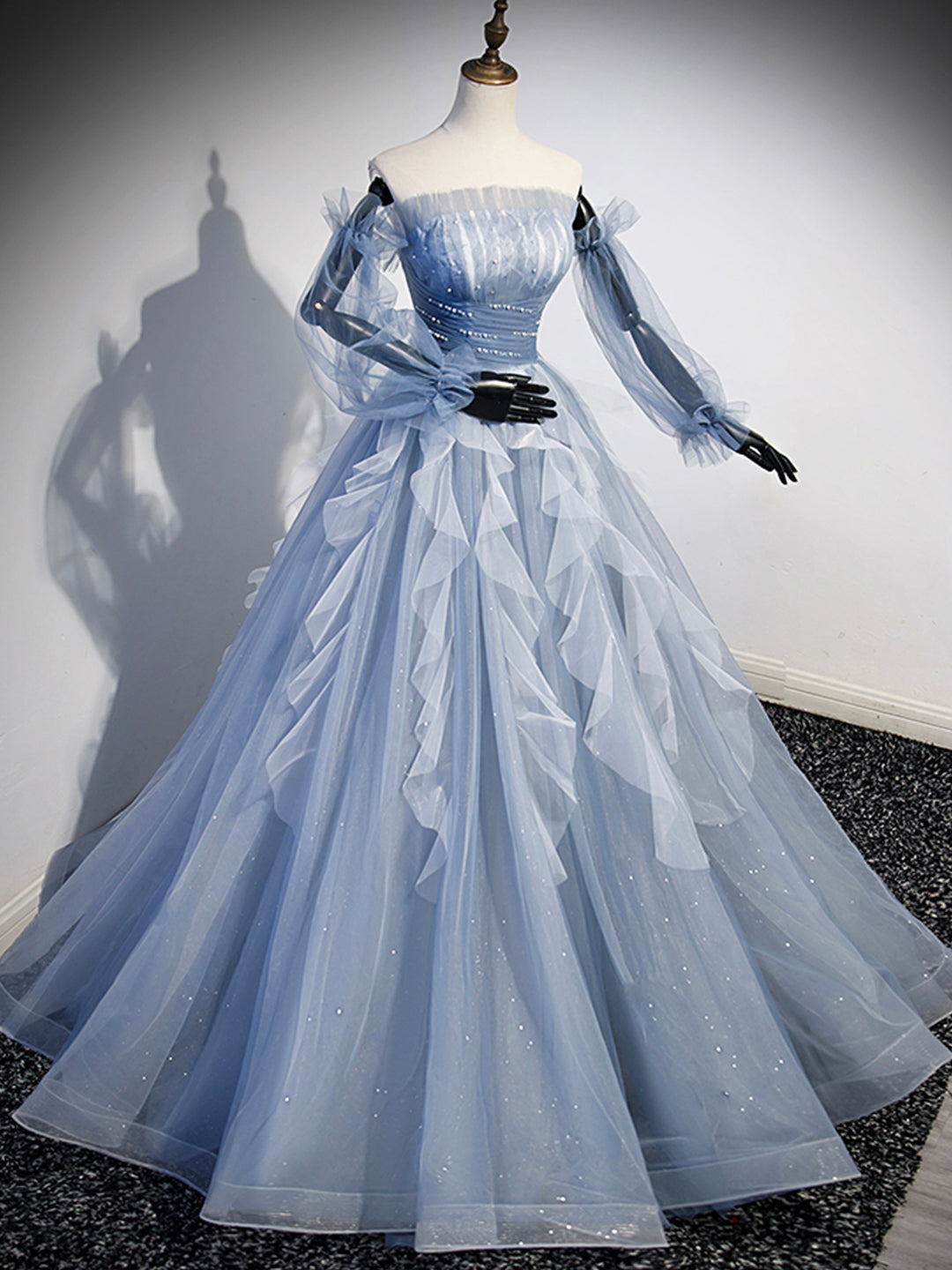 Fancy Dress, Blue Strapless Tulle Long Prom Dress, Chic A-Line Formal Dress with Long Sleeves