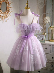 Party Dress Hair Style, Lovely Spaghetti Strap Tulle Lace Short Prom Dress, Lavender A-Line Party Dress