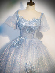 Prom Dresses Yellow, Blue Tulle Lace Long Prom Dress, Shiny A-Line Short Sleeve Evening Dress