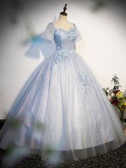 Prom Dresses Black Girl, Blue Tulle Lace Long Prom Dress, Shiny A-Line Short Sleeve Evening Dress