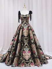 Bride Dress, Black Floral Floor Length Prom Dress, A-Line Black Evening Dress