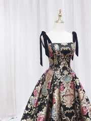 Gala Dress, Black Floral Floor Length Prom Dress, A-Line Black Evening Dress