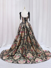 Summer Wedding Color, Black Floral Floor Length Prom Dress, A-Line Black Evening Dress