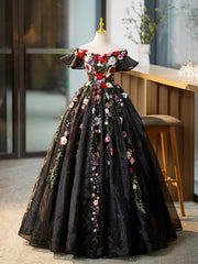 Bridesmaid Dresses Long Sleeve, Black Tulle Long Prom Dress with Lace Flowers, Beautiful Off Shoulder Evening Gown