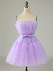 Bridesmaids Dress Style, Purple Strapless Tulle Knee Length Party Dress, A-Line Homecoming Dress