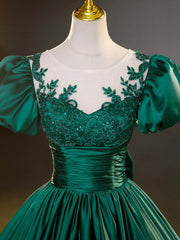 Lace Dress, Green Satin Lace Floor Length Formal Dress, Short Sleeve A-Line Evening Dress