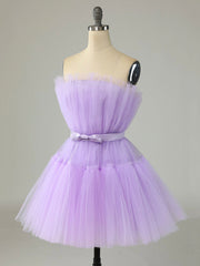 Bridesmaids Dress Styles, Purple Strapless Tulle Knee Length Party Dress, A-Line Homecoming Dress