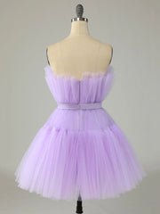 Bridesmaid Dresse Styles, Purple Strapless Tulle Knee Length Party Dress, A-Line Homecoming Dress