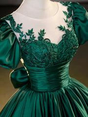 Ranch Dress, Green Satin Lace Floor Length Formal Dress, Short Sleeve A-Line Evening Dress