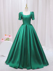 Dress Aesthetic, Green Satin Floor Length Prom Dress, Green Short Sleeve Evening Dress