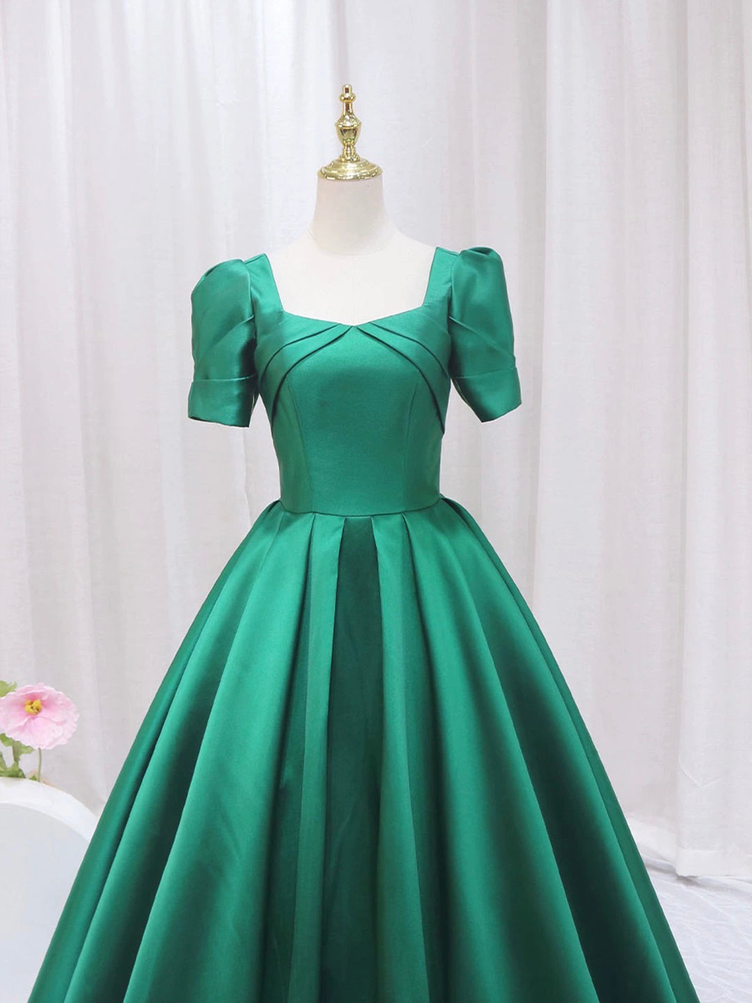 Mini Dress Formal, Green Satin Floor Length Prom Dress, Green Short Sleeve Evening Dress