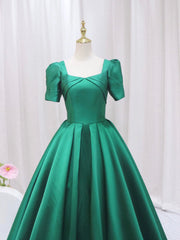 Mini Dress Formal, Green Satin Floor Length Prom Dress, Green Short Sleeve Evening Dress