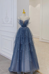 Prom Dresses Blue Lace, Blue Tulle Layers Straps Beaded Long Prom Dresses, A-Line Evening Dresses