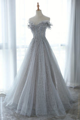 Formal Dress Short, Gray Tulle Sequins Long Prom Dress, Off the Shoulder Evening Dress