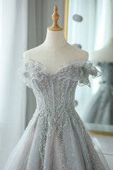 Short White Dress, Gray Tulle Sequins Long Prom Dress, Off the Shoulder Evening Dress