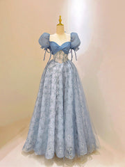 Dress, Blue Tulle Lace Long Prom Dress, Beautiful Short Sleeve Evening Dress