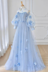 Prom Dresses For Black, Blue Tulle Long Sleeve Prom Dresses, Cute A-Line Evening Dresses with Applique