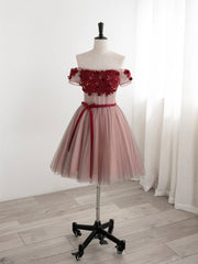 Satin Prom Dress, Cute Tulle Lace Short Prom Dress, Off the Shoulder Evening Dress