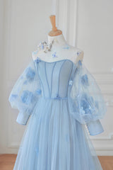 Prom Dress Shops Nearby, Blue Tulle Long Sleeve Prom Dresses, Cute A-Line Evening Dresses with Applique