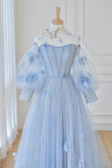 Prom Dresses Suits Ideas, Blue Tulle Long Sleeve Prom Dresses, Cute A-Line Evening Dresses with Applique