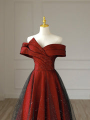 Prom Dresses For Sale, Burgundy Satin Long V-Neck Prom Dress, Off the Shoulder Party Dress