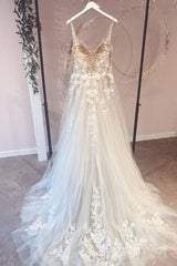 Wedding Dresses Tops, Long A-Line Appliques Lace Spaghetti Straps Sweetheart Tulle Wedding Dresses