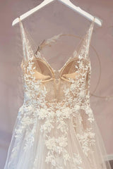 Wedding Dress Tops, Long A-Line Appliques Lace Spaghetti Straps Sweetheart Tulle Wedding Dresses