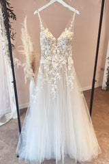 Wedding Dresses Sexy, Long A-Line Appliques Lace Spaghetti Straps Sweetheart Tulle Wedding Dresses