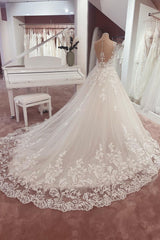 Wedding Dress Casual, Long A-Line Appliques Lace Sweetheart Tulle Wedding Dress