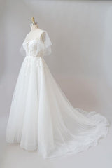 Wedding Dress Simple Elegant, Long A-line Appliques Lace Tulle Wedding Dress with Sleeves