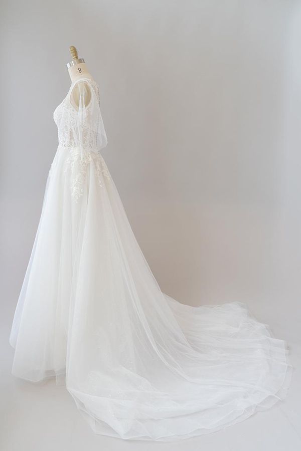 Wedding Dresses Simple Elegant, Long A-line Appliques Lace Tulle Wedding Dress with Sleeves