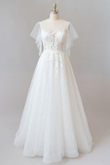 Wedding Dress Long Sleeves, Long A-line Appliques Lace Tulle Wedding Dress with Sleeves