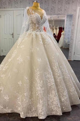 Wedding Dresses Long Sleeve, Long A-line Bateau Appliques Lace Sequins Tulle Wedding Dress