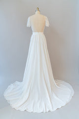 Wedding Dress Budget, Long A-line Chiffon Backless Wedding Dress with Sleeves