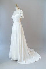 Wedding Dresses Budget, Long A-line Chiffon Backless Wedding Dress with Sleeves